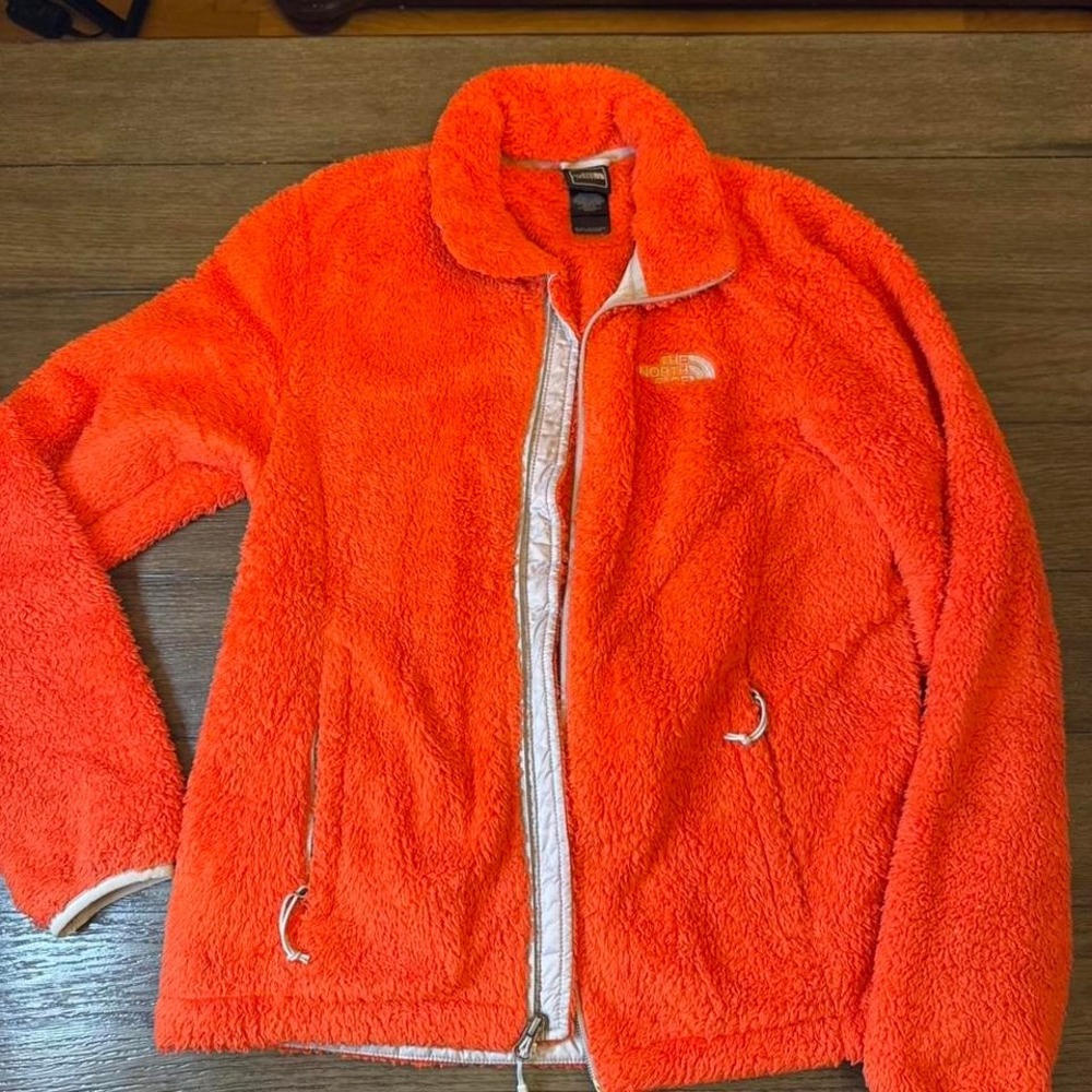 The north face orange fuzzy jacket size medium